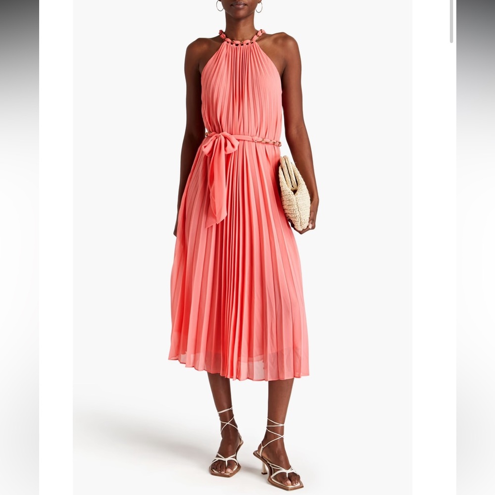 Coral Pink Pleated Sundress with Tie Front for Cocktail